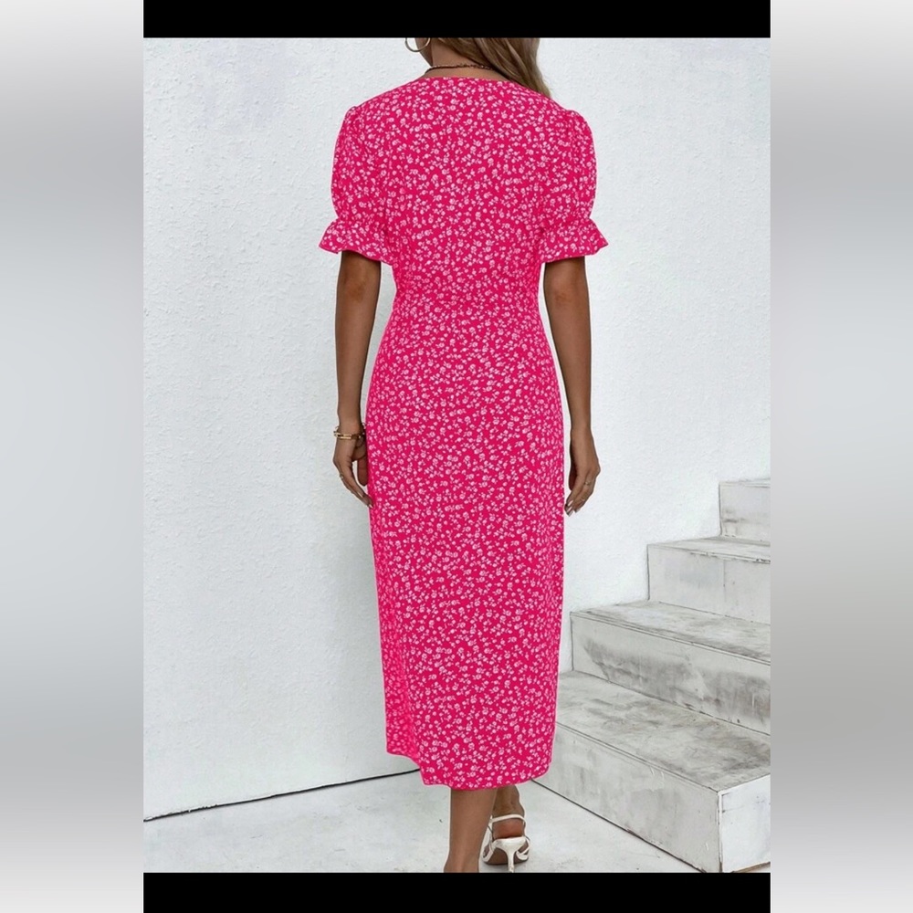 NWT SHEIN VCAY Ditsy Floral Puff Sleeve Button Detail Wrap Hem Dress - Picture 2 of 2